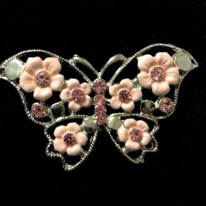 Silver tone butterfly brooch 12 pink rhinestones
